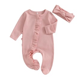 Baby Romper with Waffle Knitting Pattern for Newborns, Ruffles for Autumn and Winter, Pink with Headband for Newborn, Pink with Headband, Recién Nacido, Pink with Headband, Recién Nacido
