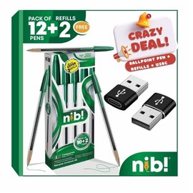 nib! Combo Crazy Deal Ballpoint Pens Green Pack of 12+ 2 Refills and USB C to USB A Adopter Pack of 2 Comfortable Biro Pens, Medium Point (1.0mm), GRN12+USB