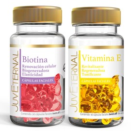 Juveternal Duo Cápsulas Faciales Biotina Cápsulas Faciales Vitamina E 90 caps c/u Efecto lifting. Revitaliza y Regenera la piel