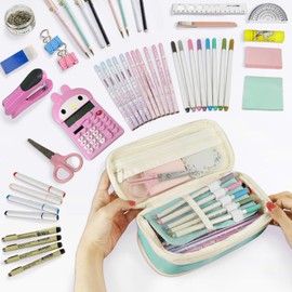 Janhavi Preppy Pencil Case with Zipper, Initial College Essentials School Supplies for Back to School, Pink Cute Aesthetic Pencil Bag for Teen Girls Kids Adults-Bule F