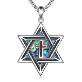 JBAERD Star of David Necklace Sterling Silver Abalone Shell Star of David Cross Pendant Necklace Jewish Jewelry for Women Men