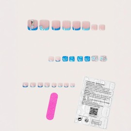 24Pcs Blue French Press on Toe Nails Nude Fake Toe Nails Short Square Fake Toenails Flower Rhinestones Design Glue on Toe Nails Acrylic Nails for Women Summer Glossy Toenail Press ons