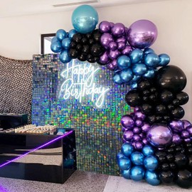 FLOHUAER Metallic Chrome Blue Purple Black Balloons Garland Arch Kit-Small&Large Black Chrome Blue Purple Compatible with Video Game Party, Birthday Party, Baby Shower