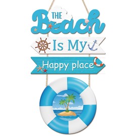 CHDITB Wooden The Beach is My Happy Place Sign Plaque, Coastal Starfish Seahorse Scallop Decoration Wall Hanging with Quotes Saying, Blue Summer Wall Art Decor for Home Office Farmhouse Front Door Porch