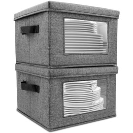 HOMELUX THEORY Hard Shell China Storage Containers for Dishes, 2pcs 10"x8" Plate Storage, Square Storage Containers with Lid, Heavy Duty Fine China Dish and Dinnerware Storage with 30 Felt Pads