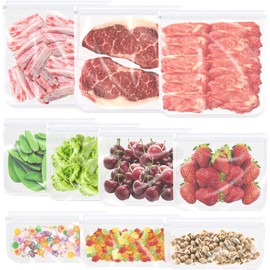 Bolsas Reutilizables para Alimentos, 10 Piezas de Bolsas de Silicona para Congelar, Bolsas Hermeticas de Almacenamiento para Congelador, Sándwiches, Bocadillos, Carne, Verduras, Frutas, Aperitivos