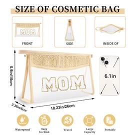 Small Boho Straw Clear Mom Makeup Bags for Women&Girls, Zipper Cosmetic Bag Chenille Varsity Letter Patch Bag, Preppy Cute Toiletry Pouch, Trendy Organizer Storage Bag for Beach Travel Essentials