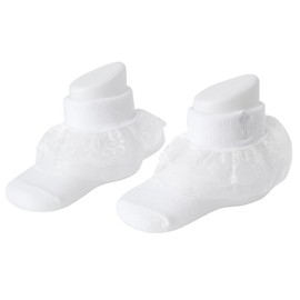 KESICI Baptism Socks for Baby Girls, White Newborn With Cross & Eyelet Frilly Lace, Turn Cuff Christening Socks, 0-6 Months Infant