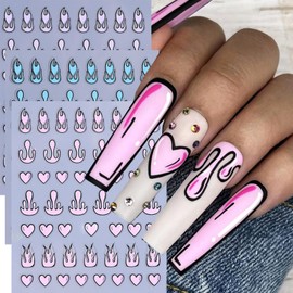 Flame Nail Stickers Cartoon Heart Flame Nail Decals 3D Self-Adhesive Pink Purple Blue Fire Design Nail Supplies Comic Style Nail Art Stickers DIY Manicure Decorations for Women, 6 Sheets