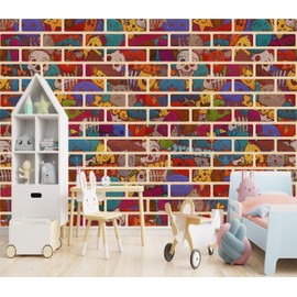 XMPMBM-Graffiti Brick Nursery Room red Vintage backsplash Large Decorative Wallpaper Cartoon Hand-Painted Kids Bedroom Gaming Room Wall Mural- W 132" X H 92" M