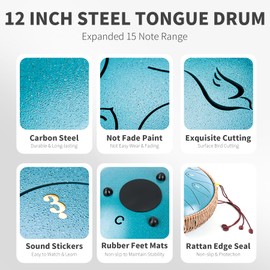 Steel Tongue Drum, 12 Inch 15 Note Tongue Drums, Handpan Drums Percussion Instrument for Kids & Adults, Hand Pan Drum with Music Book, Drum Mallets and Carry Bag, Major C (Malachite Green)