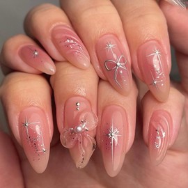24Pcs Pink Press on Nails Short Almond Fake Nails Pink Resin Butterfly Bow with Pearls Design Silver Nail Glitter Full Cover Stick on Nails Star False Nails for Women Girls Acrylic Nails Decorations
