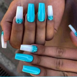 Bufenia Pack of 24 French Tip Square Press On Nail Short Glitter Artificial Nails Shiny Full Cover Acrylic False Nails for Women and Girls (C)