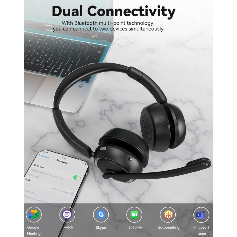 ANSTEN Bluetooth Headset with Microphone, Noise Cancelling, 40 Hours Playtime,