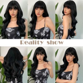 MISSWEN Women Black Heat Resistant Hair Dress Up Wigs With Bangs Natural Long Wavy