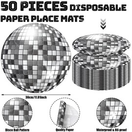 50 Pieces 12 Inch Silver Disco Ball Round Placemats 70s Disco Party Place Mats Disposable Paper Table Mat for Birthday Party, Reunion, 70s Groovy Party, Kitchen, Wedding, Banquets, Dining Supplies
