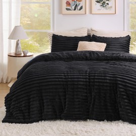 Bedsure Fluffy Comforter Set King - Super Soft Faux Fur Comforter King Size Black, Winter Warm Fleece Bedding Set, Plush Fuzzy Bed Set, 3 Pieces, 1 Shaggy Comforter with 2 Pillowcases
