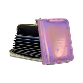 AfitLulu Holographic Credit Card Holder for Women, 11 Card Slots with Zipper Card Case Wallet, Slim and Lightweight Wallet (Pink)