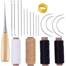 Leather Craft Needles and Waxed Threads Set, Qtopun 20Pcs Leather DIY Tools 7 Types Household Sewing Needles Curved Needles Hole Drilling Handy Awls and Thimble