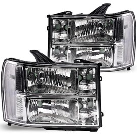 PIT66 Headlight Assembly, Compatible with 2007-2013 GMC Sierra 1500 2500HD 3500HD Driver & Passenger Side Pickup Truck Replacement Headlamp Clear Lens Chrome Housing Clear Reflector
