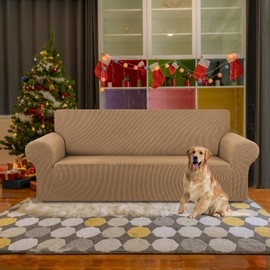 KEKUOU Stretch Sofa Cover Slipcover ，Couch Covers for 3 Cushion Couch Sofa pet Friendly (79"-94") Furniture Protector Sofa with Elastic Bottom for Kids,Dog, Jacquard Small Checked(Large,Camel)