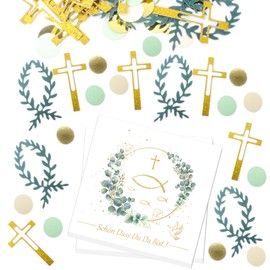 20 Stück Servietten Taufe mit 100 Stück Kommunion Konfetti, Fisch Eukalyptus Servietten Kommunion Napkins Kreuz Streudeko Taufe Tischdeko für Taufe, Kommunion, Babyparty