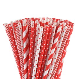 ALINK Biodegradable Red Paper Straws Bulk - 100 Dots/Stripes/Waves Straws for Beverage, Christmas, Holiday, Birthday, Wedding, Baby/Bridal Shower, Party and Decoration