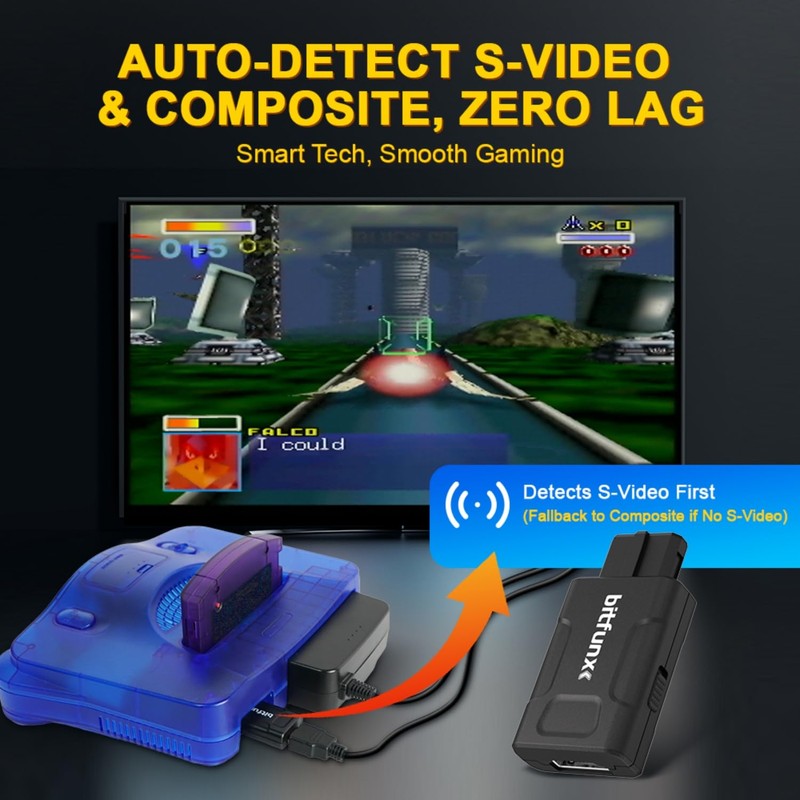 BITFUNX N64 HDMI Adapter - Supports 16:9/4:3 Switch, Mini 720P/1080P