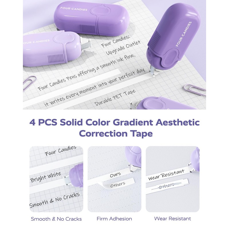Four Candies Purple Stationery Set Gel Ink Pens, Correction Tape,
