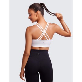 CRZ YOGA Womens Seamless Strappy Longline Sports Bra - Medium Support Scoop Neck Criss Cross Padded Yoga Workout Bra White Small