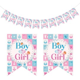 Baby Gender Reveal Banners Decorations, Team Boy or Girl Bunting Signs Blue Pink Paper Hanging Garland for Baby Shower Gender Reveal Party Supplies