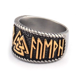 BAVIPOWER 18K Gold Plated Odin Valknut Rune Circle Ring Stainless Steel Asatru Pagan Scandinavian Jewelry for Men Women