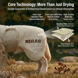 NEILGO Fast Drying Double-Layer Dog Robe, 720g Heavyweight Dog Bathrobe, Super Absorbent Dog Towels for Drying Large Dogs, Bamboo Cotton Warm Dog Pajamas, Orange