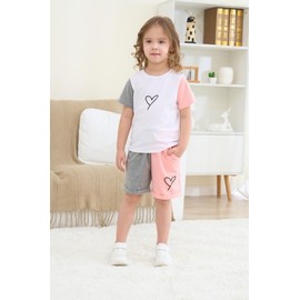 Kids Toddler Girl Clothes Outfits Color Clash Short Sleeve Heart Print Tops Summer Shorts Set(5-6t)