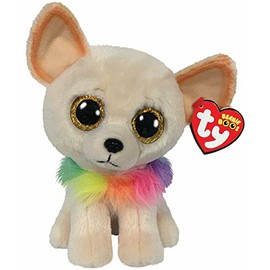 Ty - Plush - Beanie Boos - Chihuahua Dog - Chewey - Brown - Multicoloured Collar - Gold Glitter Eyes - The Plush with Big Sparkling Eyes - 15 cm - 36324