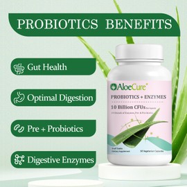 AloeCure Daily Probiotics 10 Billion CFU for Digestive Support 8 Strains, 6 Prebiotics & Enzymes - Digestive Supplement with Bromelain for Women & Men - Gut Support, Digestive Relief, 30 Caps