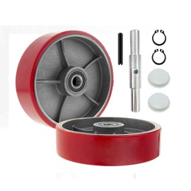 Legines Pallet Jack/Truck Steering Wheels Set with Axle, Fasteners and Protective Caps (2 pcs) 7" x 2" with Bearings ID 20mm Poly Tread Red