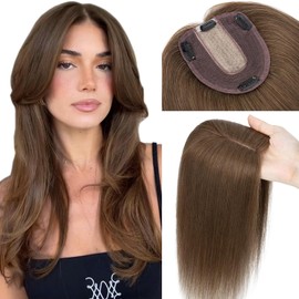 Hairro Brown Hair Toppers Clip in Human Hair Topper for Women 10x12cm Large Silk Base 100% Real Remy Human Hair Realistic Hairpiece Cover Grey White Thinning Hair 12 inch Medium Brown