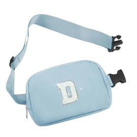 COSHAYSOO Blue Belt Bag Small Waist Fanny Pack Crossbody Purse with Initial Letter Patch Adjustable Strap for Women Girl Friend Running Traveling, Cross Body Travel Pouch Graduation Gifts (D)