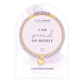 Life Charms Crystal Bead Handmade Charm Bracelet - Proud of Myself Positive Affirmation Quote - Inspirational Gold Plated Mantra Jewellery