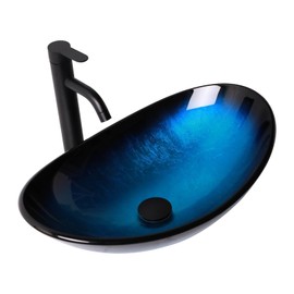 Lordear Glass Vessel Sink Bathroom Sink 21" Boat Shaped Artistic Vessel Sink Black Blue Tempered Glass Oval Vessel Sink with Black Faucet and Pop Up Drain Above Counter Sink for Bathroom