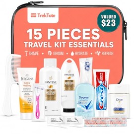 Juego de 15 piezas de viaje e higiene para mujer con bolsa de aseo transparente, artículos esenciales para el cuidado personal, kit individual o paquetes a granel, kit de aseo aprobado por la TSA para viajes, vacaciones, artículos esenciales para el día a día