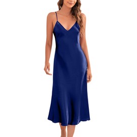Marvmys Satin Nightdress for Women UK Long Negligees Strap Chemise Nighties for Ladies V Neck Full Slips Sleepwear Navy Blue L
