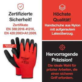 Proof Comfort & Safety Work Gloves, 12 Pairs, Precise Assembly Gloves with PU Coating, Latex Coating, Protective Gloves for Mechanics, Builders, Size 11, Redwork, Red, Black