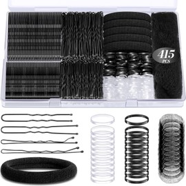 IKOCO Set De 415 Horquillas Para El Cabello, 200 Horquillas En Forma De U Y Ligas Elásticas Para El Cabello Con Redecilla, Color Negro.