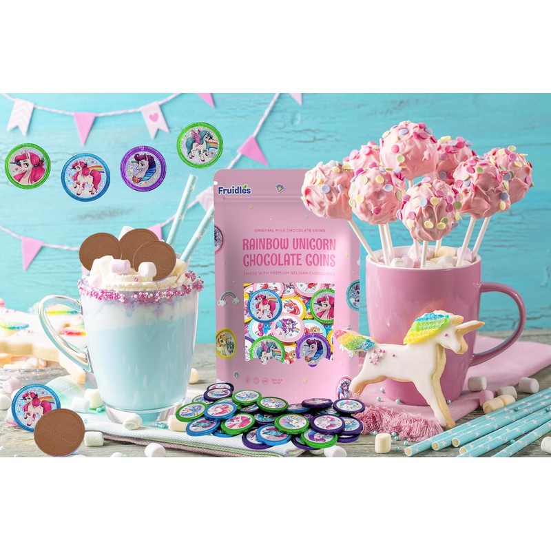 Fruidles Rainbow Unicorn Chocolate Coins With Stickers, Milk Chocolate Coins