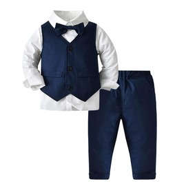 ARTMINE - Ropa para niños pequeños, trajes de boda para caballeros, camisa de vestir formal, pajarita, chaleco, pantalones, Un zafiro, 5-6 Años