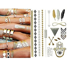 Miya® 1 Wild Style Tattoo Flash Metallic Tattoos, Temporary Tattoo, Gold/Black/Silver Coloured Jewellery Tattoo For Body Arms Necklace Bracelet Flash Tattoos Body Tattoo FORM01