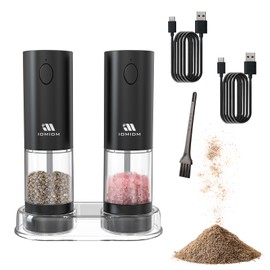 Electric Salt and Pepper Grinder Set Rechargeable Salt and Pepper Mills with Storage Base, Adjustable Coarseness and White LED Light, One Hand Operation Black(2 Pack)