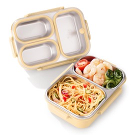 Donkoy Metal Lunch Box with 2 Dividers - Breakfast Box and Food Box Made of 304 Stainless Steel 900 ml for School, Office and Travel, Stainless Steel Tin, Ideal for All Ages (1, Yellow, 900 ml)